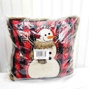 Christmas Snowman Throw Pillow Faux Fur Trimmed Plaid Red & Black Square 12x12".